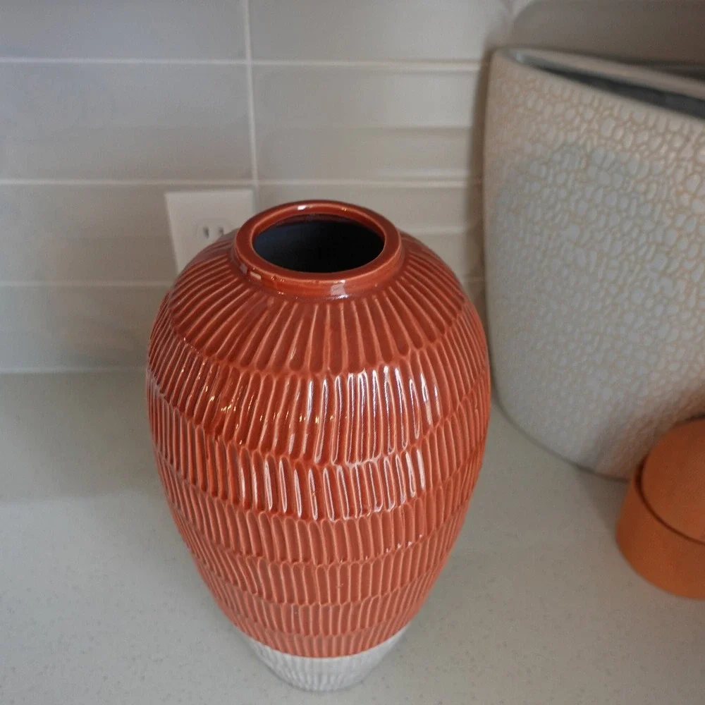 Textured Ceramic‎ Vase, Decorative Accent Vase, Modern Home Decor, Orange & Gray